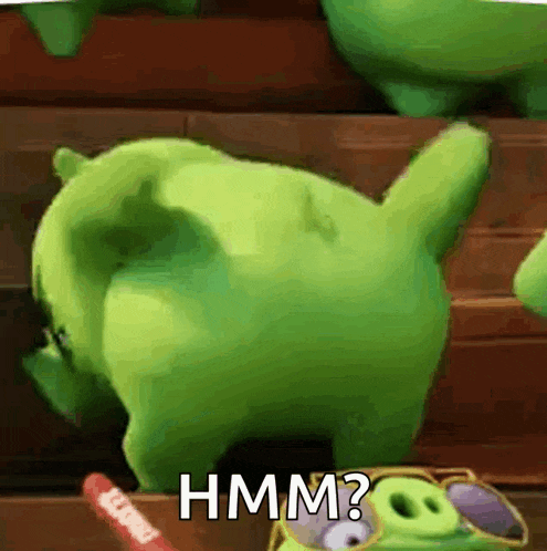 a cartoon pig is standing on a wooden staircase and says hmm .