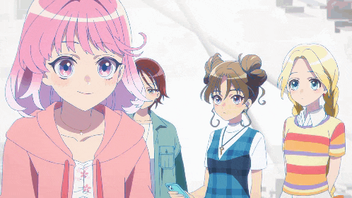 a group of anime girls standing next to each other with one holding a cell phone