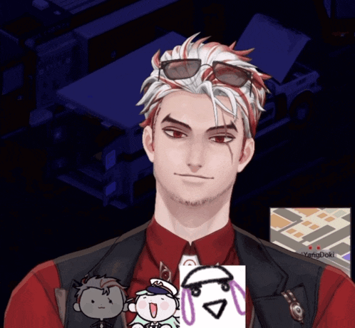 a man wearing sunglasses and a red shirt has a drawing of a bird on his chest