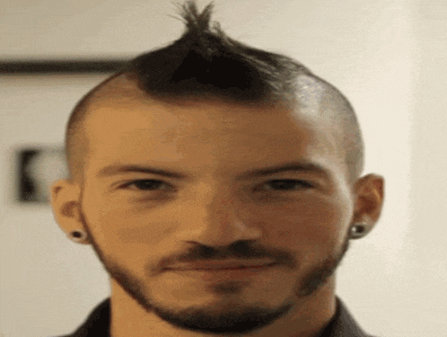 a man with a mohawk and a beard is smiling .