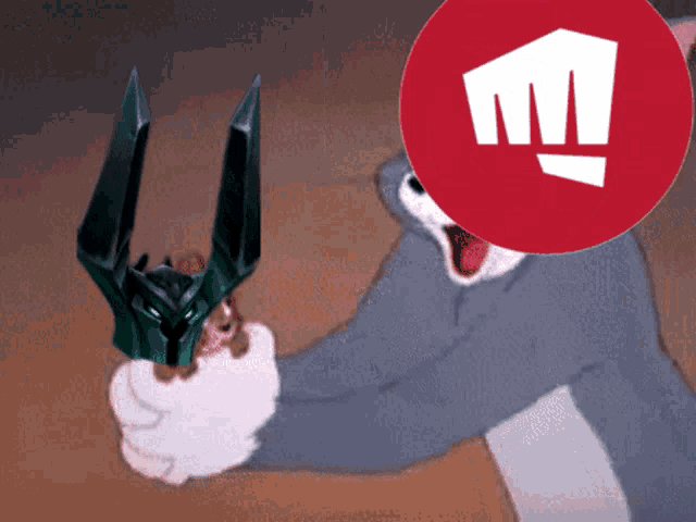 a cartoon of tom holding a sword in front of a red circle with a riot logo