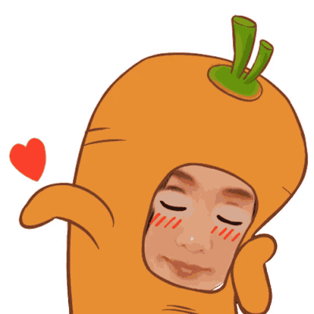 a person dressed as a carrot with their eyes closed