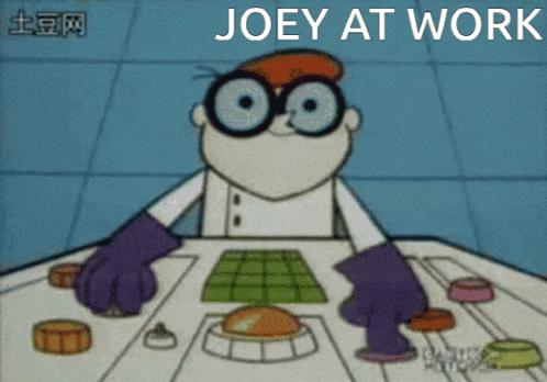 a cartoon character is sitting at a table with the words joey at work written above him