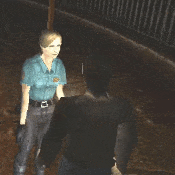 a woman in a police uniform is talking to a man in a dark room .