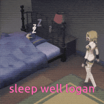 a picture of a girl standing in front of a bed with the words sleep well logan below her