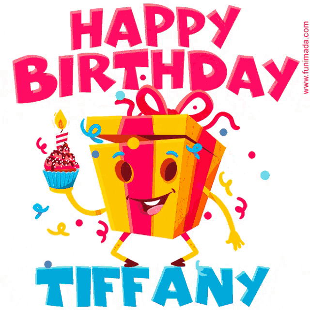a happy birthday card for tiffany with a gift box holding a cupcake and a candle