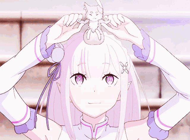 a girl with white hair and purple eyes is holding a stuffed animal on top of her head