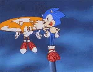 sonic and tails are standing next to each other on a pole