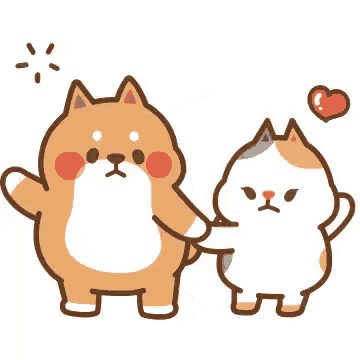 a cat and a dog are holding hands while standing next to each other .