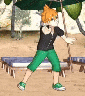 a cartoon character is standing on a beach with an umbrella in the background