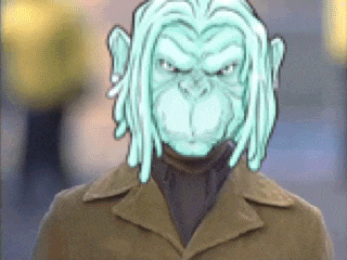 a man in a brown coat has a monkey face painted on his face