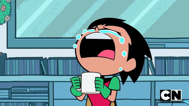 a cartoon character is crying while holding a cup and the cn logo is visible in the corner