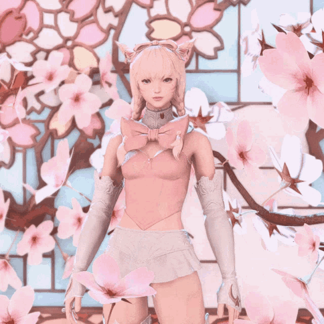 a woman in a pink top and white gloves stands in front of a window with pink flowers
