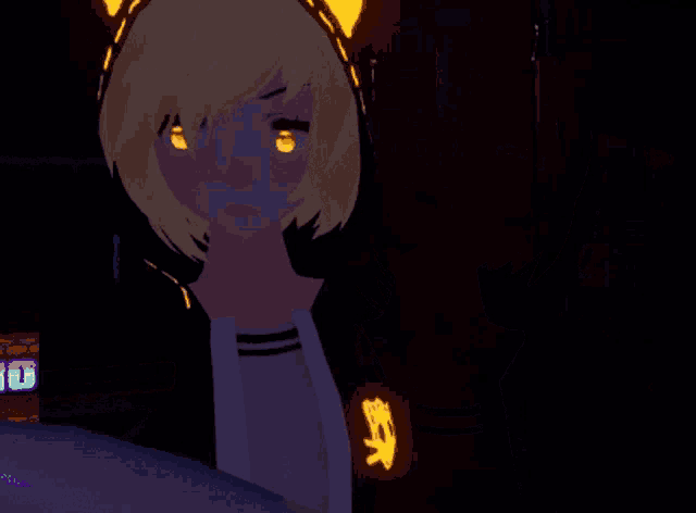 a girl with yellow eyes and a cat ear headband holds her hands up