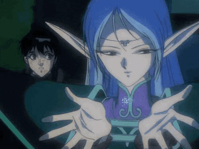 a cartoon character with blue hair and ears reaches out her hands