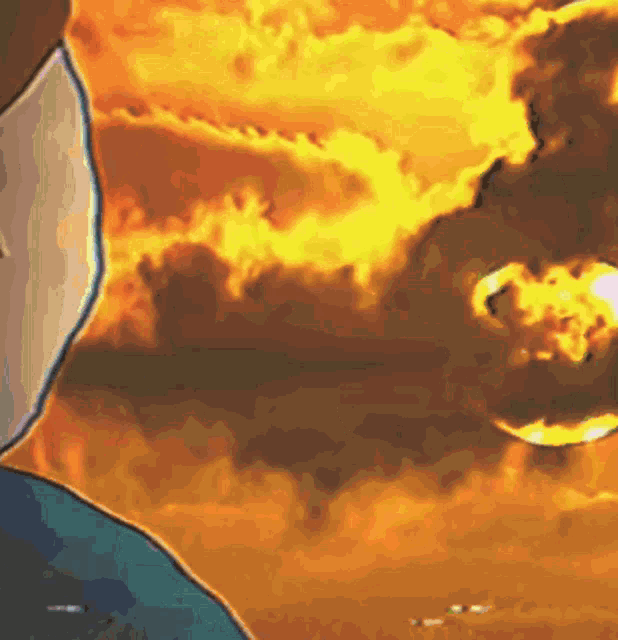 a cartoon drawing of a man standing in front of a sunset sky