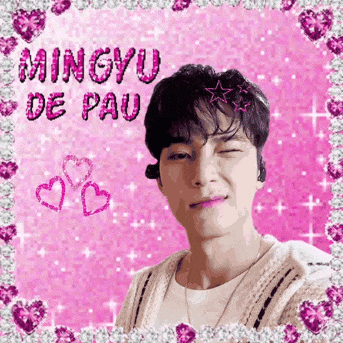 a picture of a young man with a pink background and hearts and stars .