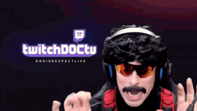 a man wearing sunglasses and headphones is standing in front of a twitch doctu logo