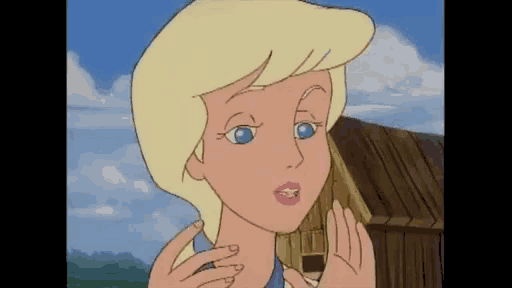 a cartoon girl with blonde hair and blue eyes is standing in front of a wooden barn .