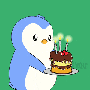 a penguin holding a cake with candles and the words i 'm going