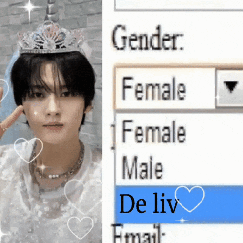a man wearing a tiara next to a screen that says gender female male de liv email