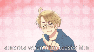 a cartoon character says america when nino teases him on a pink background