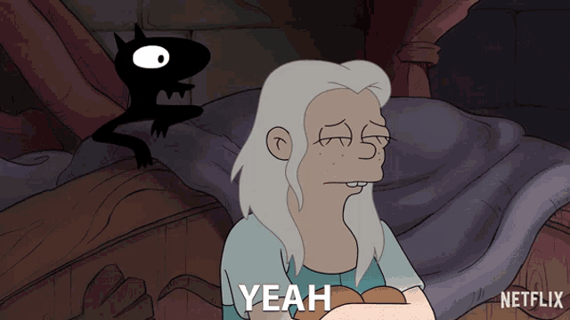 a cartoon character says yeah in front of a black cat