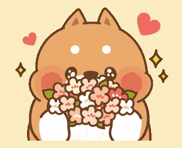 a cartoon dog holding a bouquet of pink flowers