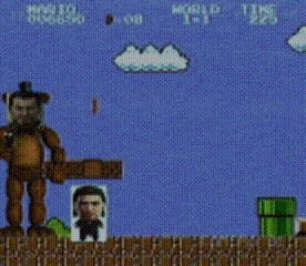 a video game screen shows a teddy bear and a man