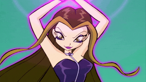a cartoon drawing of a woman with purple hair and a choker