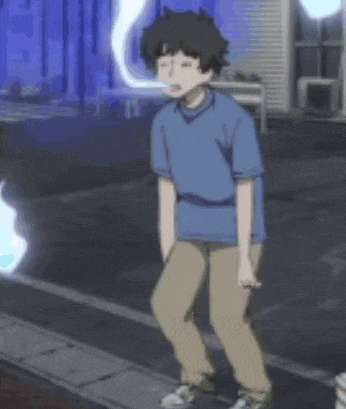 a man in a blue shirt and khaki pants is standing on a sidewalk with his eyes closed .