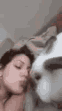 a woman is laying on a bed with a dog licking her face .