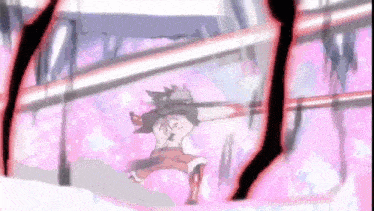 a cartoon character is standing in a pink room with a sword in his hands .