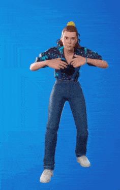 a woman wearing suspenders and overalls is standing in the air with her arms outstretched