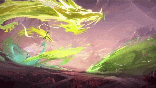 a painting of a green and yellow dragon with a purple background