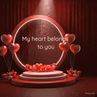 a sign that says my heart belongs to you with red balloons