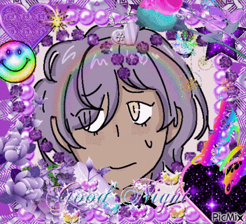 a cartoon drawing of a girl with purple hair and the words good night on the bottom