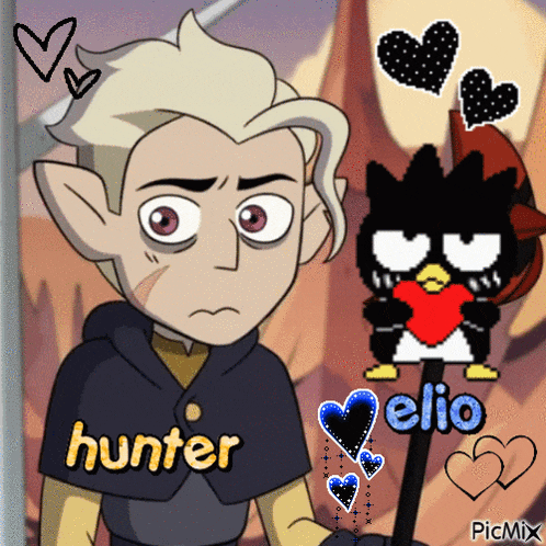 a picture of hunter and elio with hearts around them