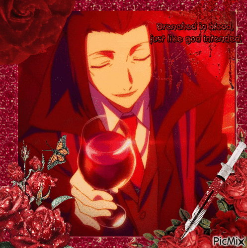 a picture of a man in a red suit holding a glass of wine