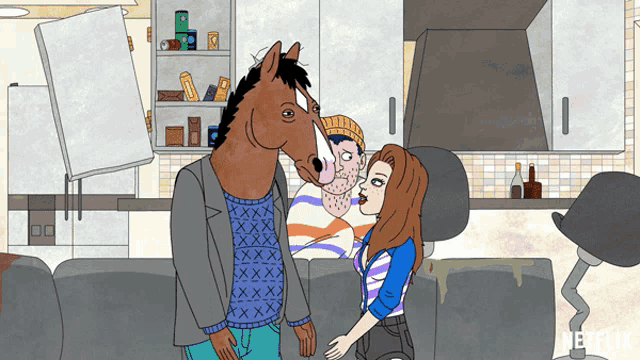 a cartoon of a woman kissing a man and a horse with netflix written on the bottom