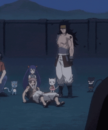 a group of anime characters are standing around a man on the ground