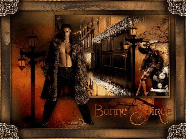 a man in a fur coat is standing next to a woman in a fur coat and the words bonne soirée are on the bottom
