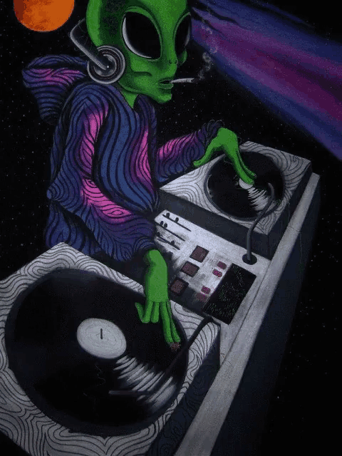 a painting of an alien smoking a cigarette and playing a record