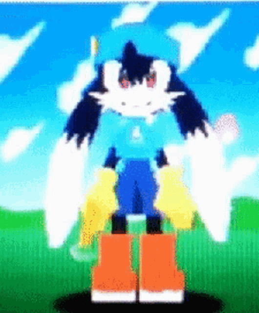 a cartoon character is standing in a field wearing a blue shirt and orange boots