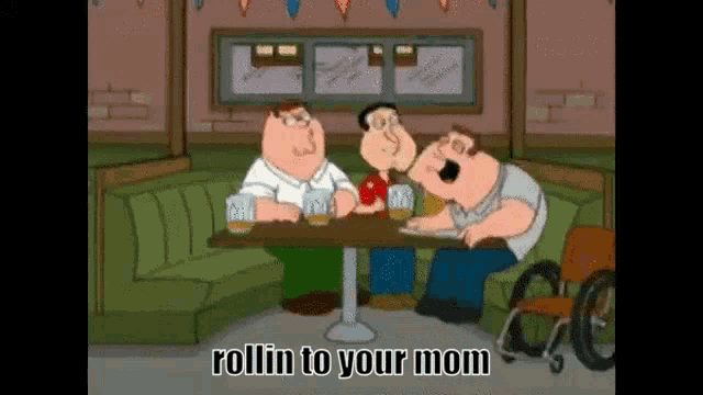 a cartoon of a man in a wheelchair sitting at a table with two other men .