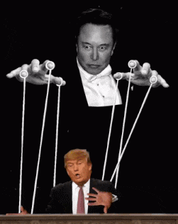 a man in a suit and tie is being manipulated by a man in a bow tie