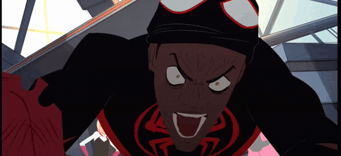 a close up of a cartoon character with a spider on his chest