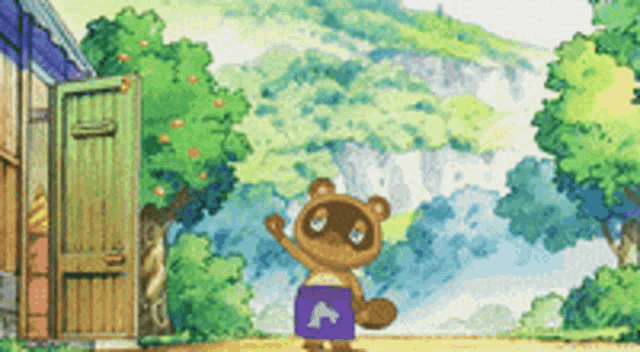 a cartoon drawing of a raccoon wearing purple shorts with an animal on them