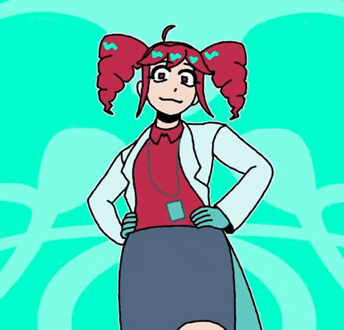 a cartoon drawing of a girl in a lab coat and skirt .