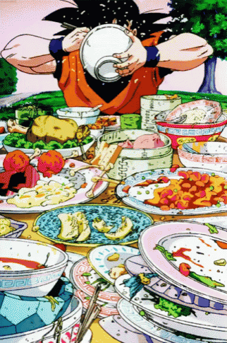 a cartoon of a man sitting at a table with plates of food and a bowl that says ' a ' on it